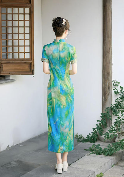 Women's Blue Embroidered Qipao Cheongsam Dress – Jacquard – additional product view