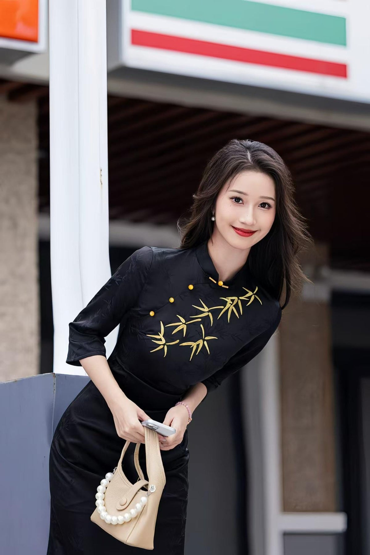 Women's Black Embroidered Qipao Cheongsam Dress – Satin Midi – additional product view
