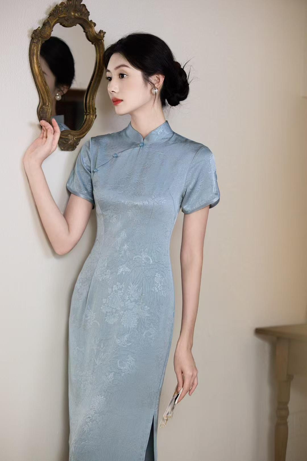 Women's Blue Jacquard Silk Qipao Cheongsam Dress – additional product view