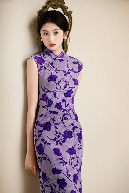 Women's Floral Qipao Cheongsam Dress – Purple Midi – additional product view
