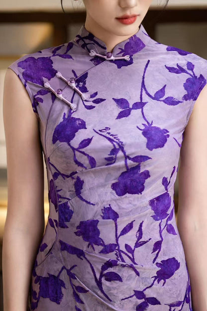Women's Floral Qipao Cheongsam Dress – Purple Midi – additional product view