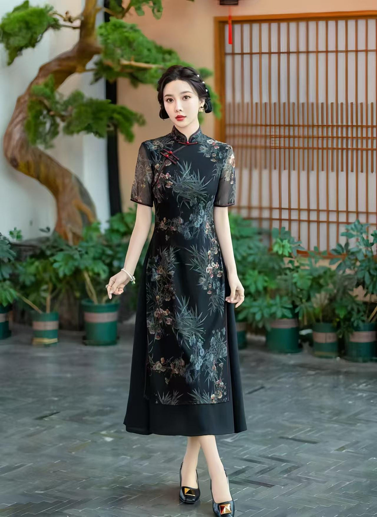 Women's Floral Qipao Cheongsam Dress – Bamboo – additional product view
