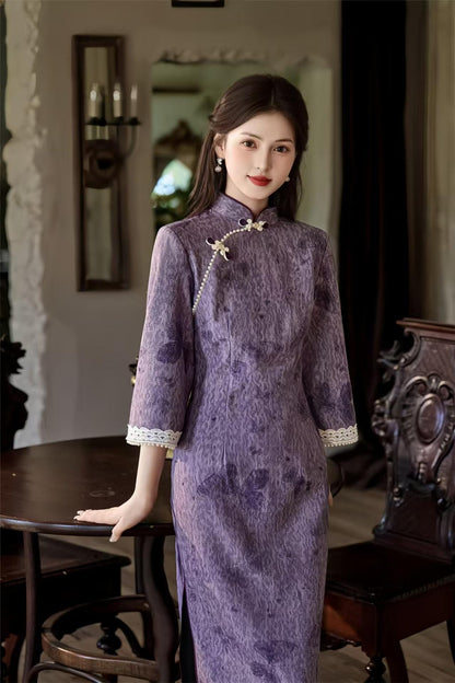 Women's Jacquard Qipao Cheongsam Dress – Purple Maxi Mandarin Collar – additional product view