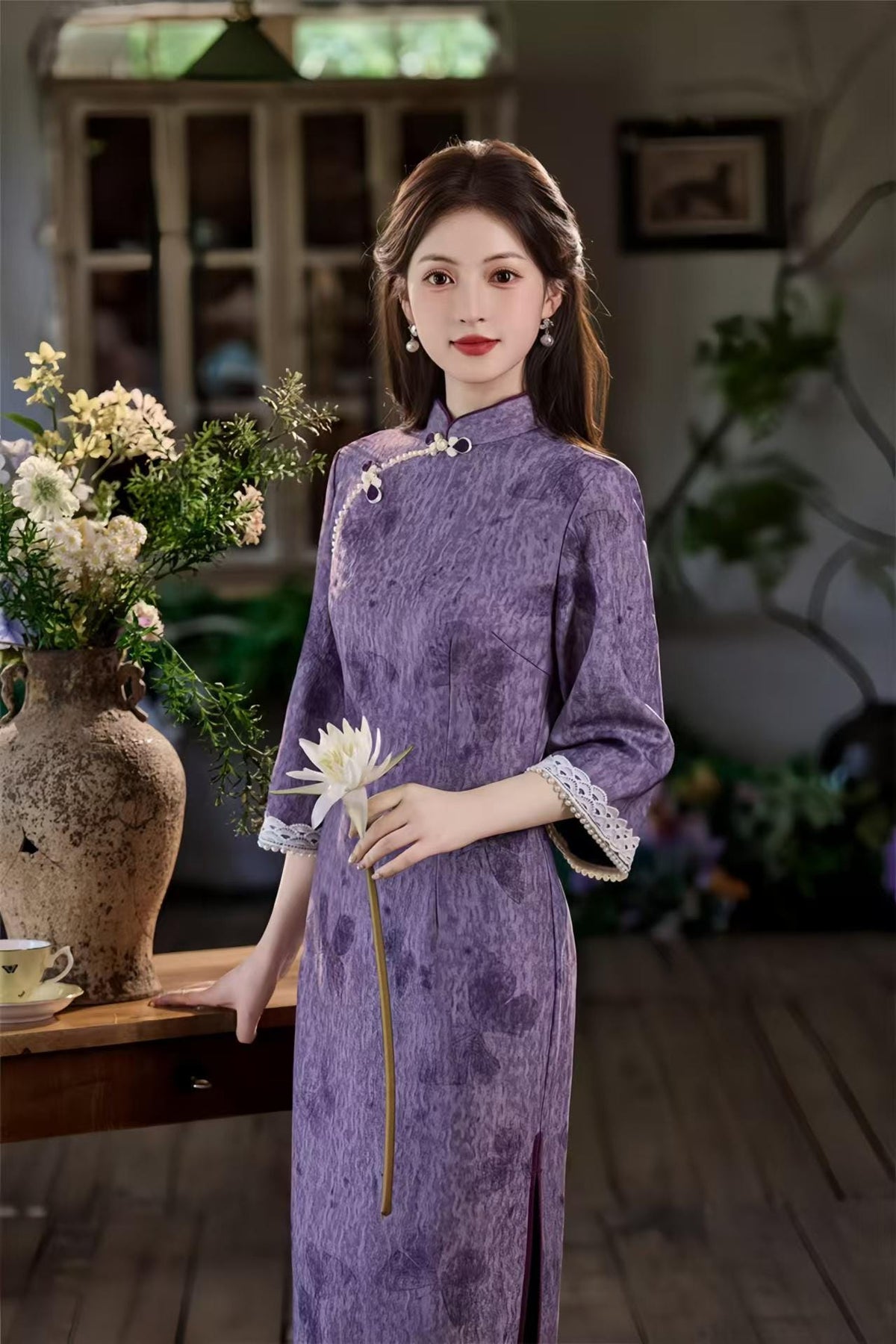 Women's Jacquard Qipao Cheongsam Dress – Purple Maxi Mandarin Collar – additional product view