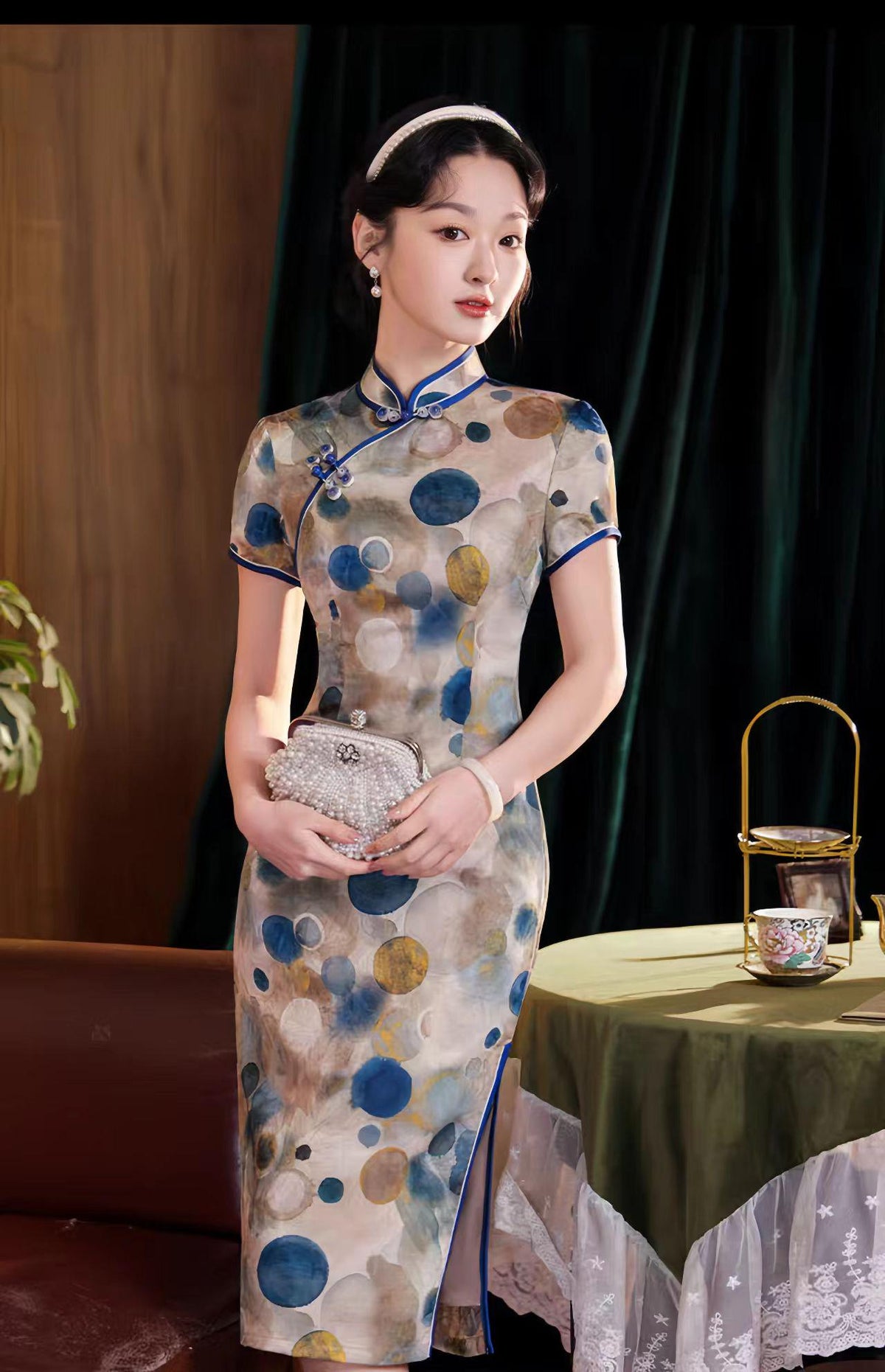Women's Vintage Qipao Cheongsam Dress – Jacquard Polka Dot – additional product view