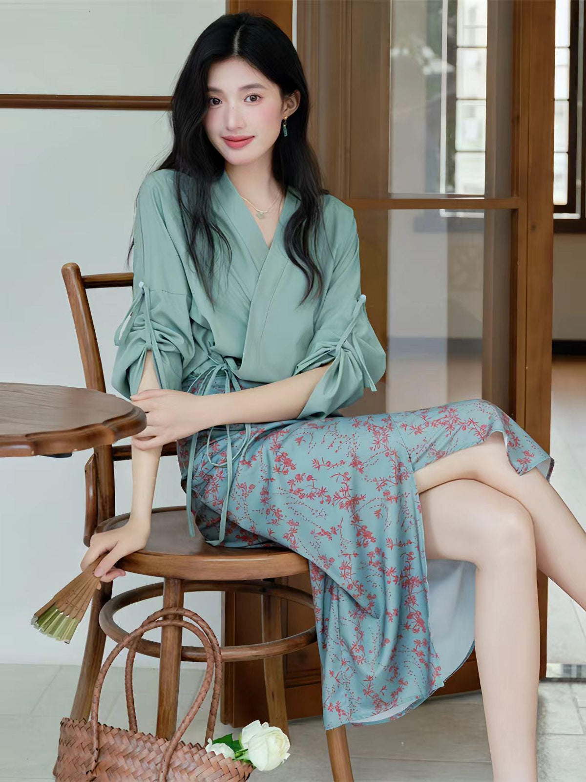 Women's Green Vintage Modern Chinese Two-Piece Set – additional product view