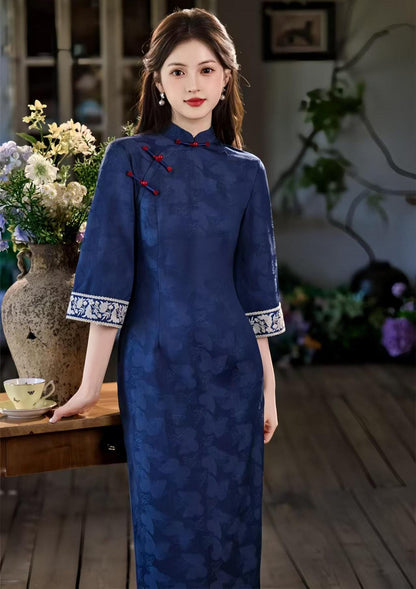 Women's Embroidered Qipao Cheongsam Dress – Jacquard Mandarin Collar