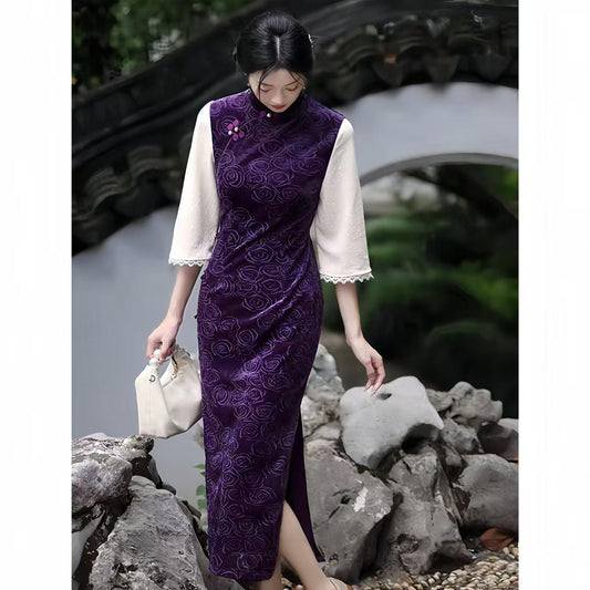 Women's Purple Floral Velvet Qipao Cheongsam Dress