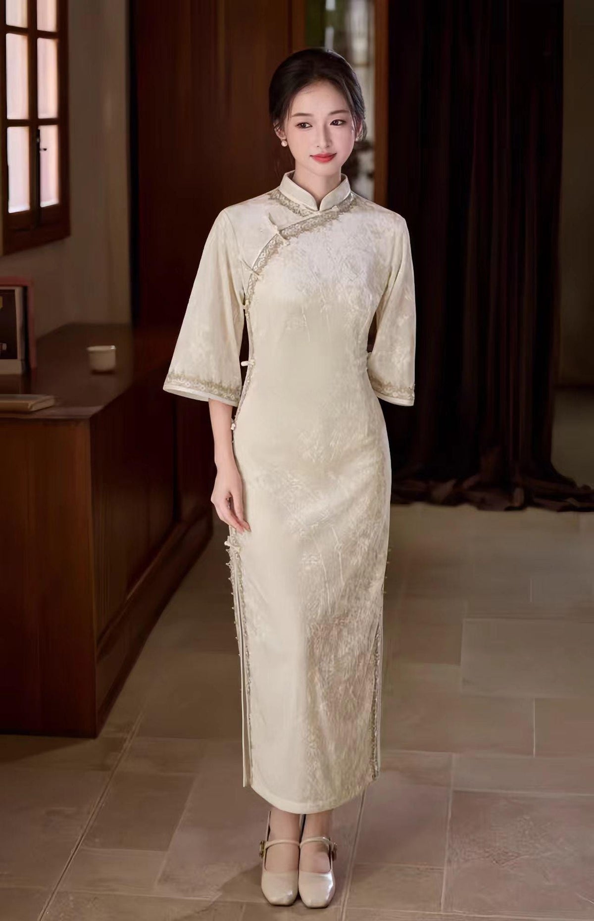 Women's Black Floral Velvet Qipao Cheongsam Dress – Embossed – additional product view