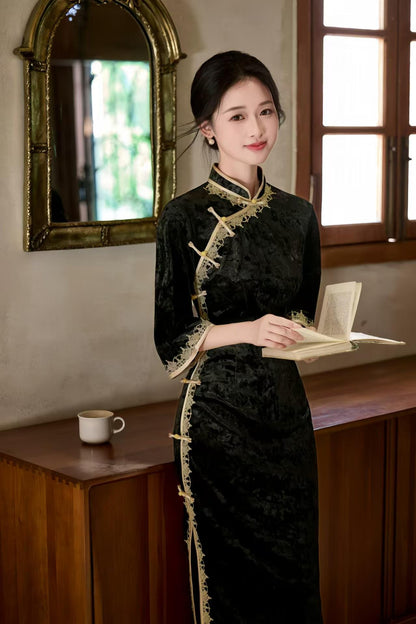Women's Black Floral Velvet Qipao Cheongsam Dress – Embossed – additional product view