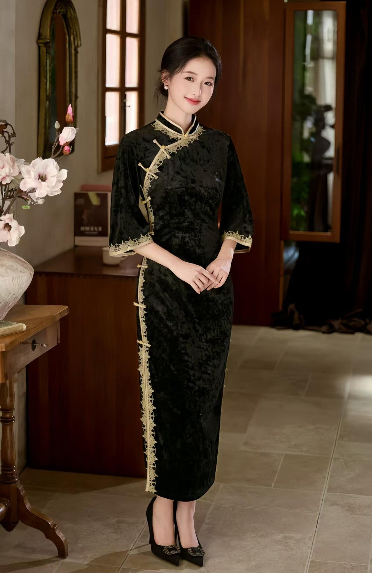 Women's Black Floral Velvet Qipao Cheongsam Dress – Embossed – additional product view