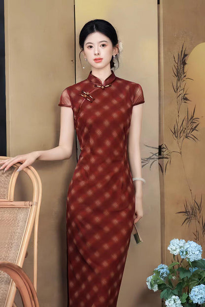 Women's Red Vintage Mesh Qipao Cheongsam Dress – additional product view