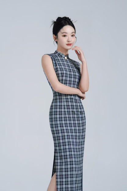 Women's Vintage Modern Chinese Two-Piece Set – Cotton Striped Maxi – additional product view