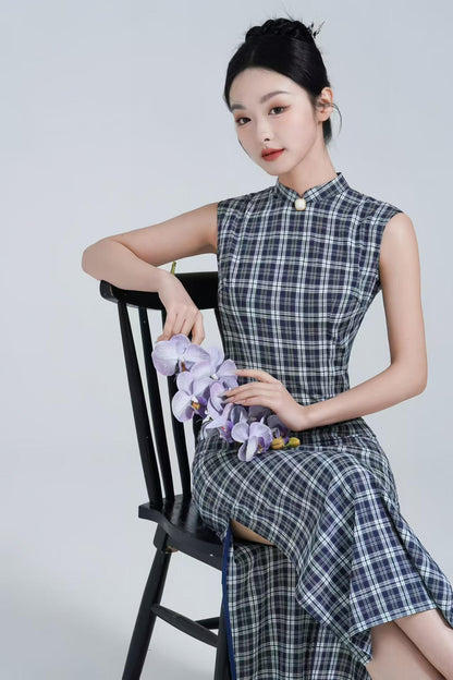 Women's Vintage Modern Chinese Two-Piece Set – Cotton Striped Maxi – additional product view