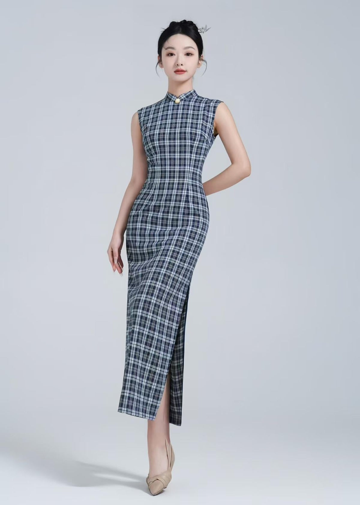 Women's Vintage Modern Chinese Two-Piece Set – Cotton Striped Maxi – additional product view