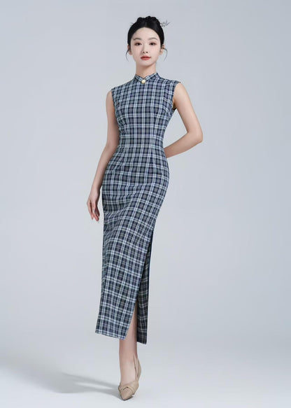 Women's Vintage Modern Chinese Two-Piece Set – Cotton Striped Maxi – additional product view