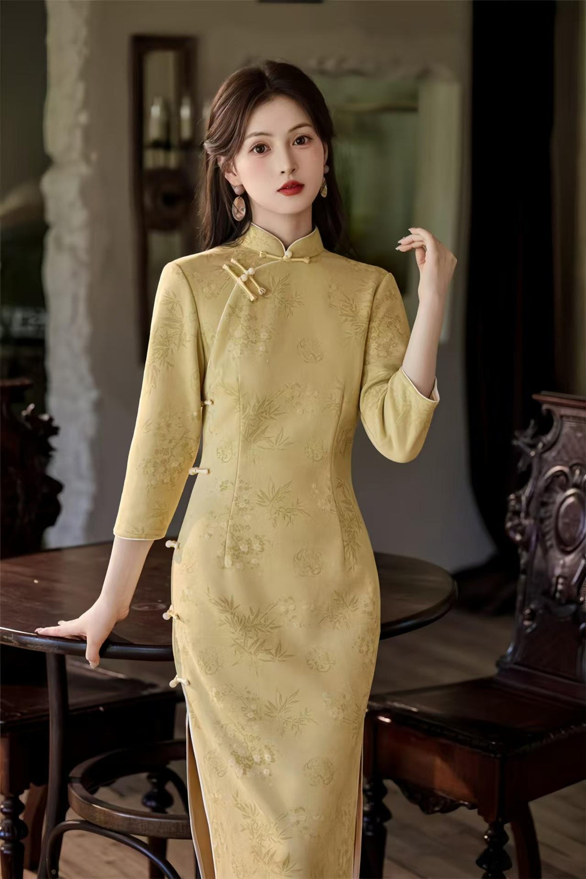 Long Faux Suede Velvet Qipao Dress – additional product view