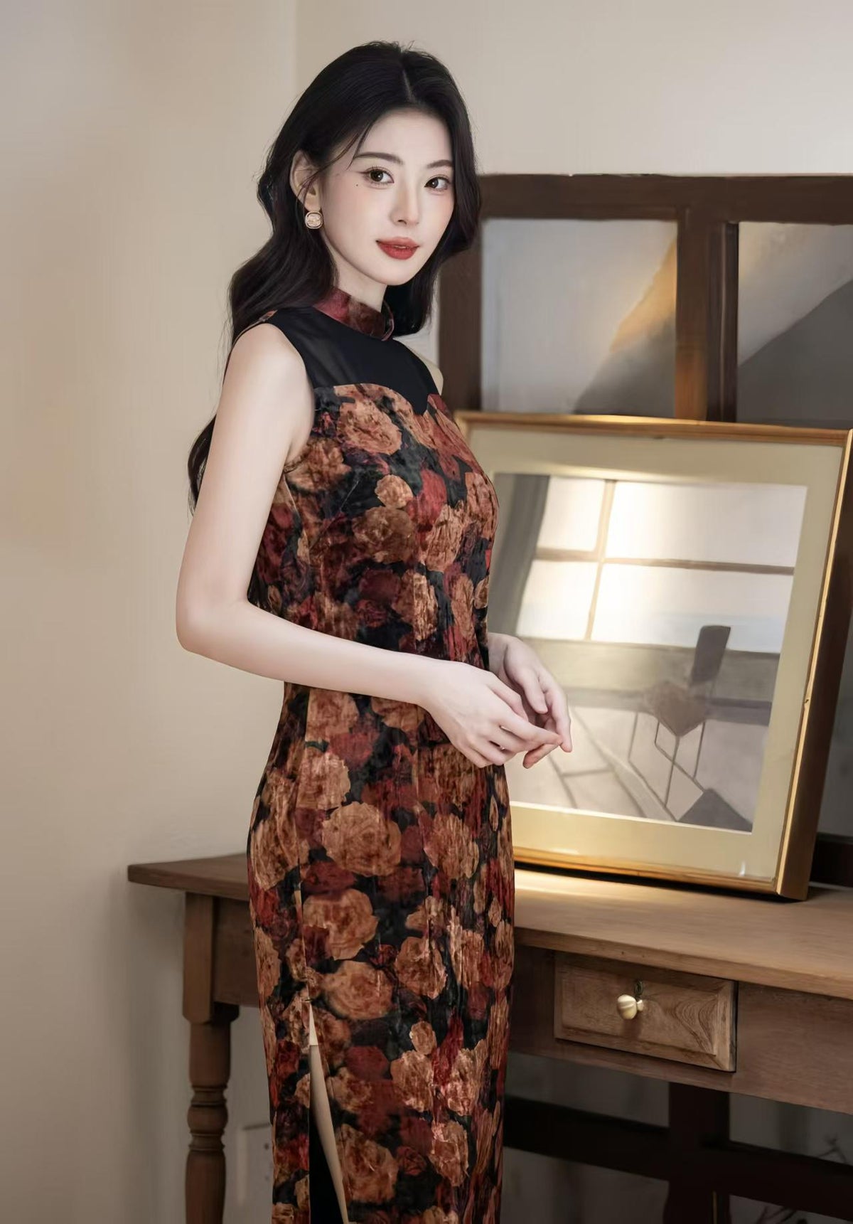Women's Floral Velvet Qipao Cheongsam Dress – Sleeveless Midi Fall Winter – additional product view