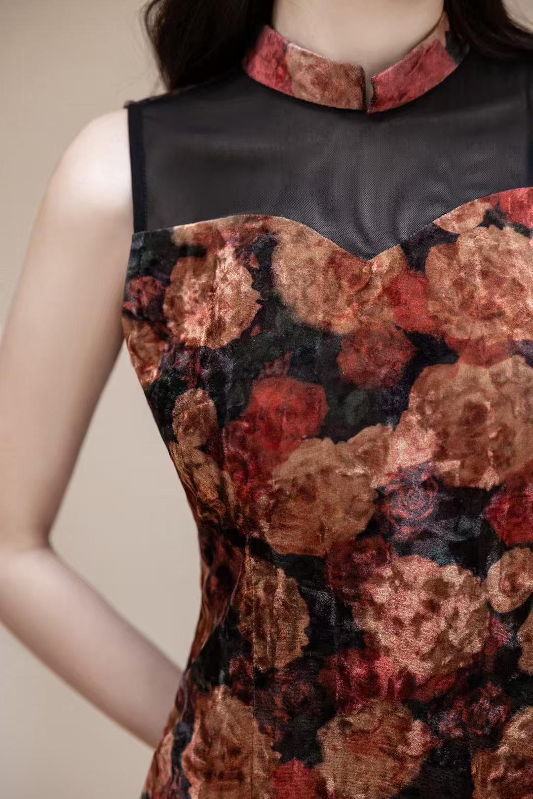 Women's Floral Velvet Qipao Cheongsam Dress – Sleeveless Midi Fall Winter – additional product view