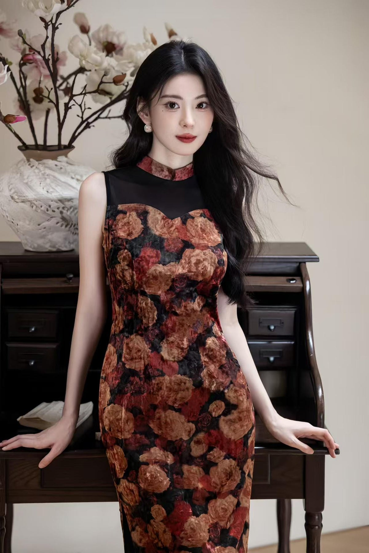Women's Floral Velvet Qipao Cheongsam Dress – Sleeveless Midi Fall Winter – additional product view
