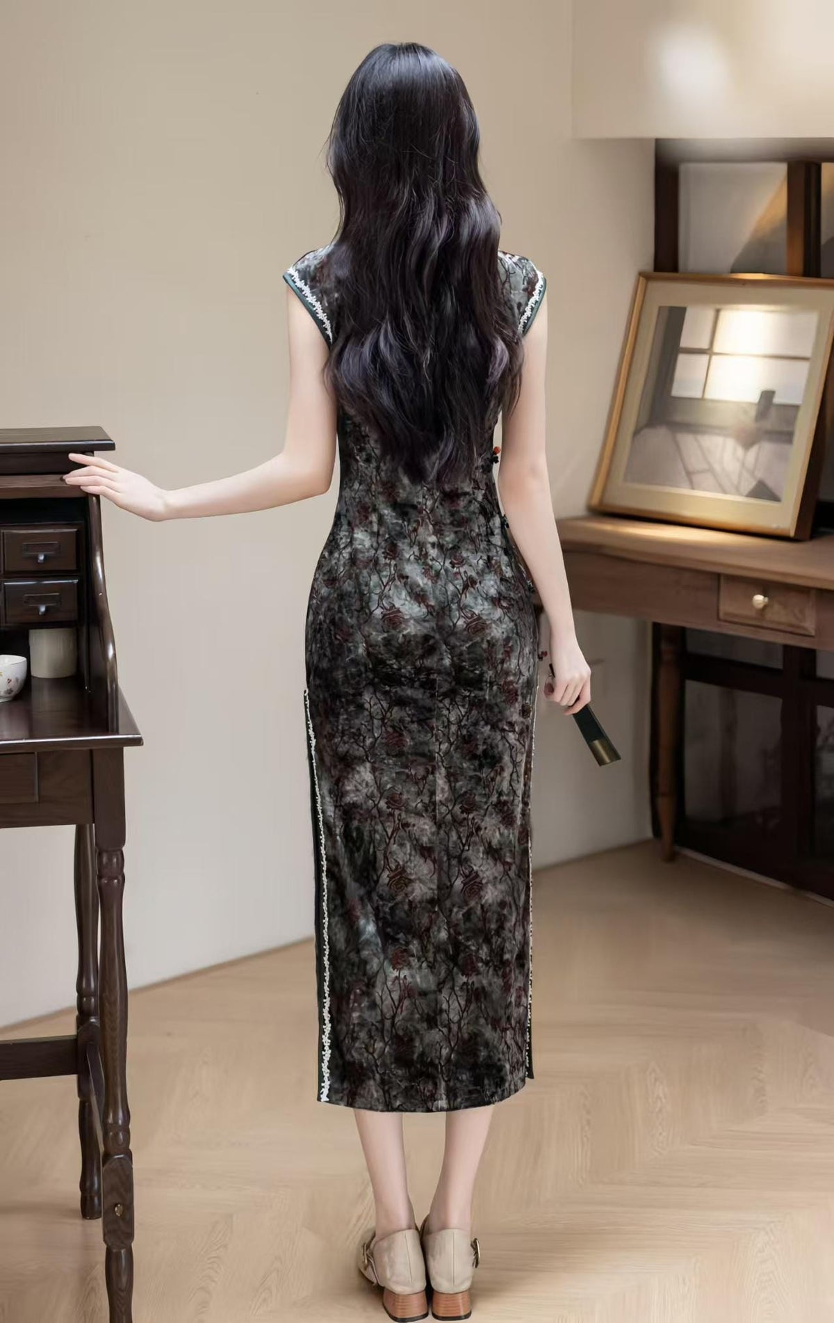 Women's Green Floral Velvet Qipao Cheongsam Dress – additional product view