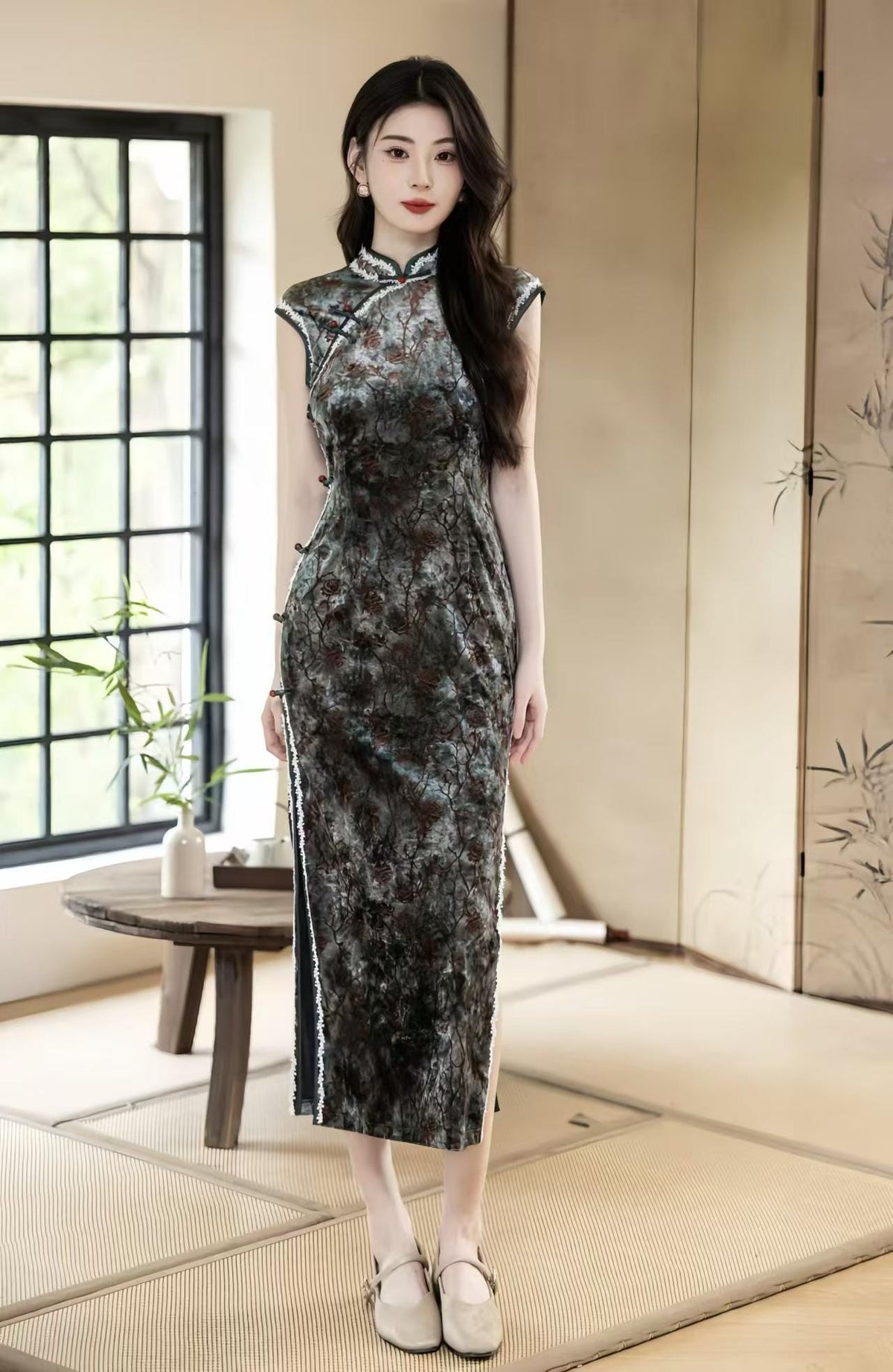 Women's Green Floral Velvet Qipao Cheongsam Dress – additional product view