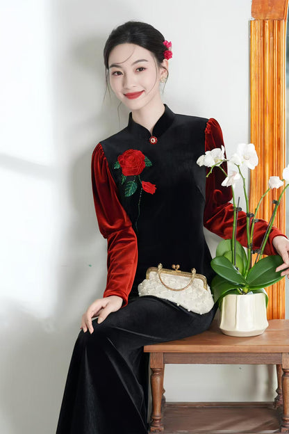 Women's Red Elegant Velvet Qipao Cheongsam Dress – additional product view