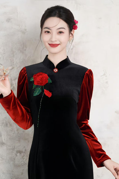 Women's Red Elegant Velvet Qipao Cheongsam Dress – additional product view