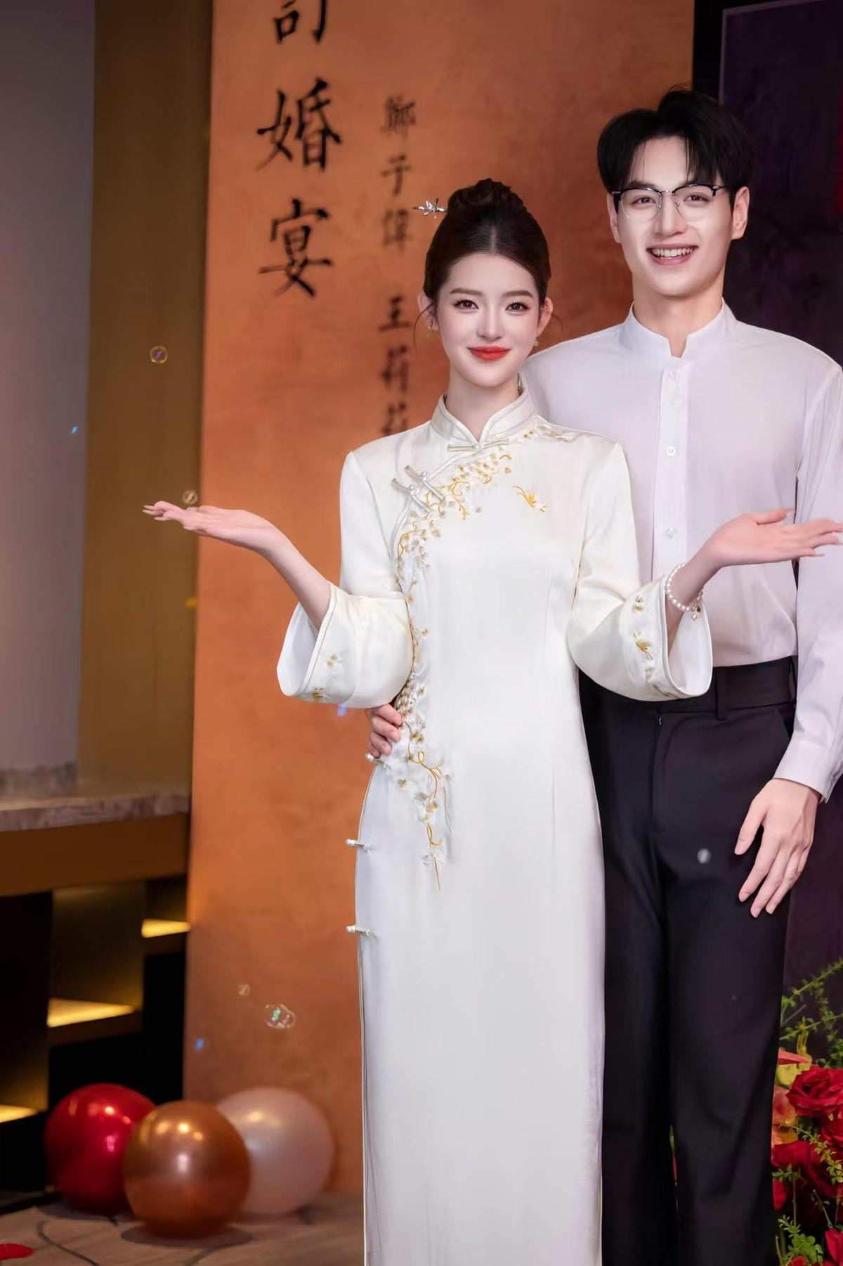 Women's White Embroidered Satin Qipao Cheongsam Dress – additional product view