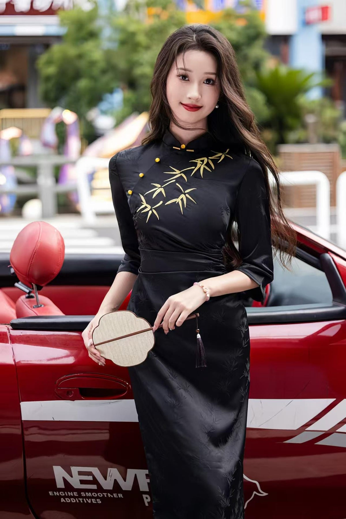 Women's Black Embroidered Qipao Cheongsam Dress – Satin Midi – additional product view