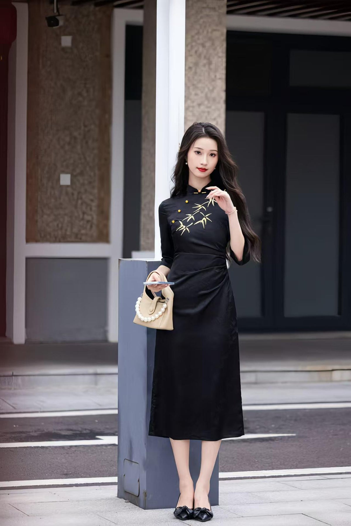 Women's Black Embroidered Qipao Cheongsam Dress – Satin Midi – additional product view