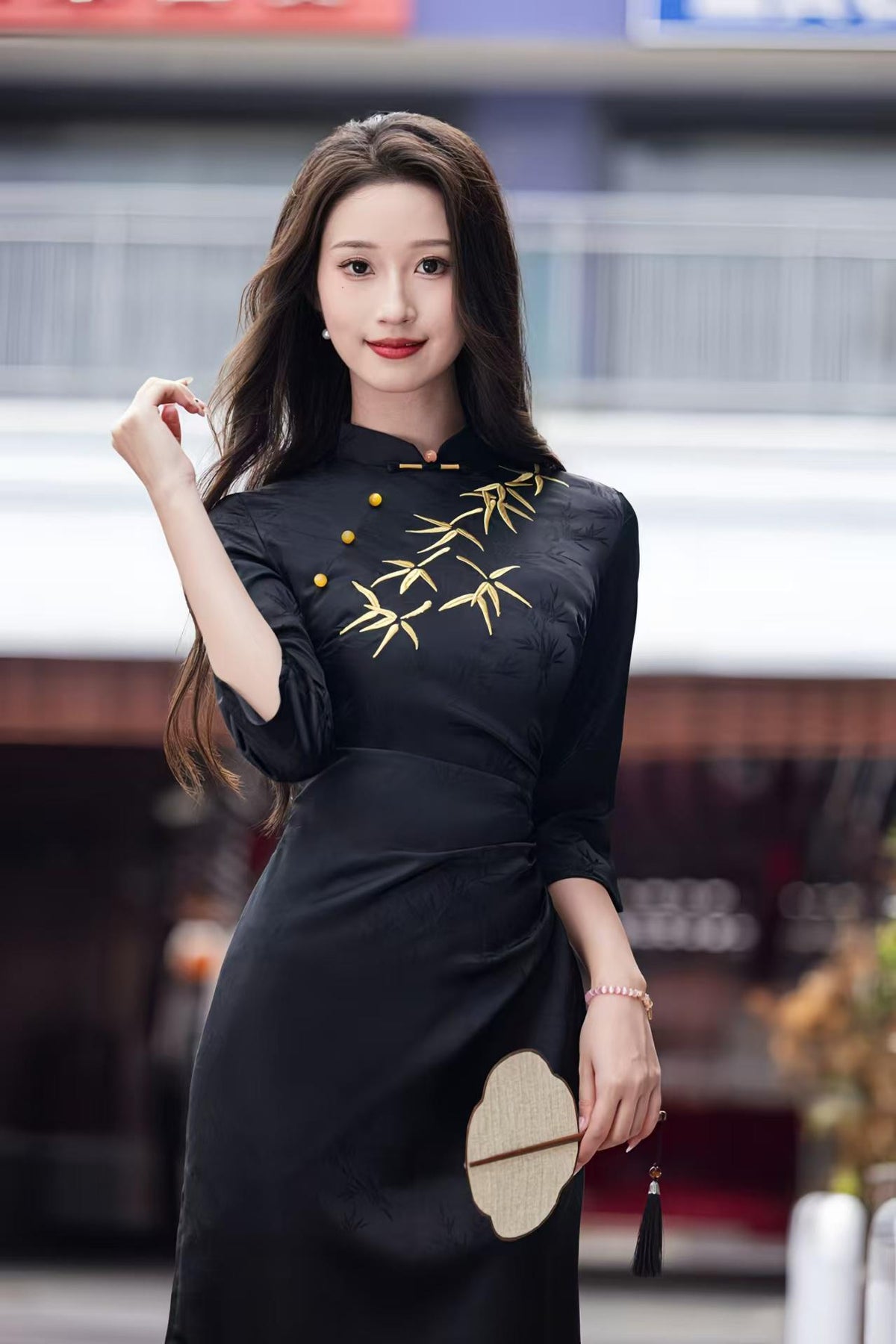 Women's Black Embroidered Qipao Cheongsam Dress – Satin Midi – additional product view