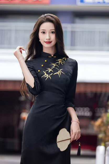 Women's Black Embroidered Qipao Cheongsam Dress – Satin Midi – additional product view