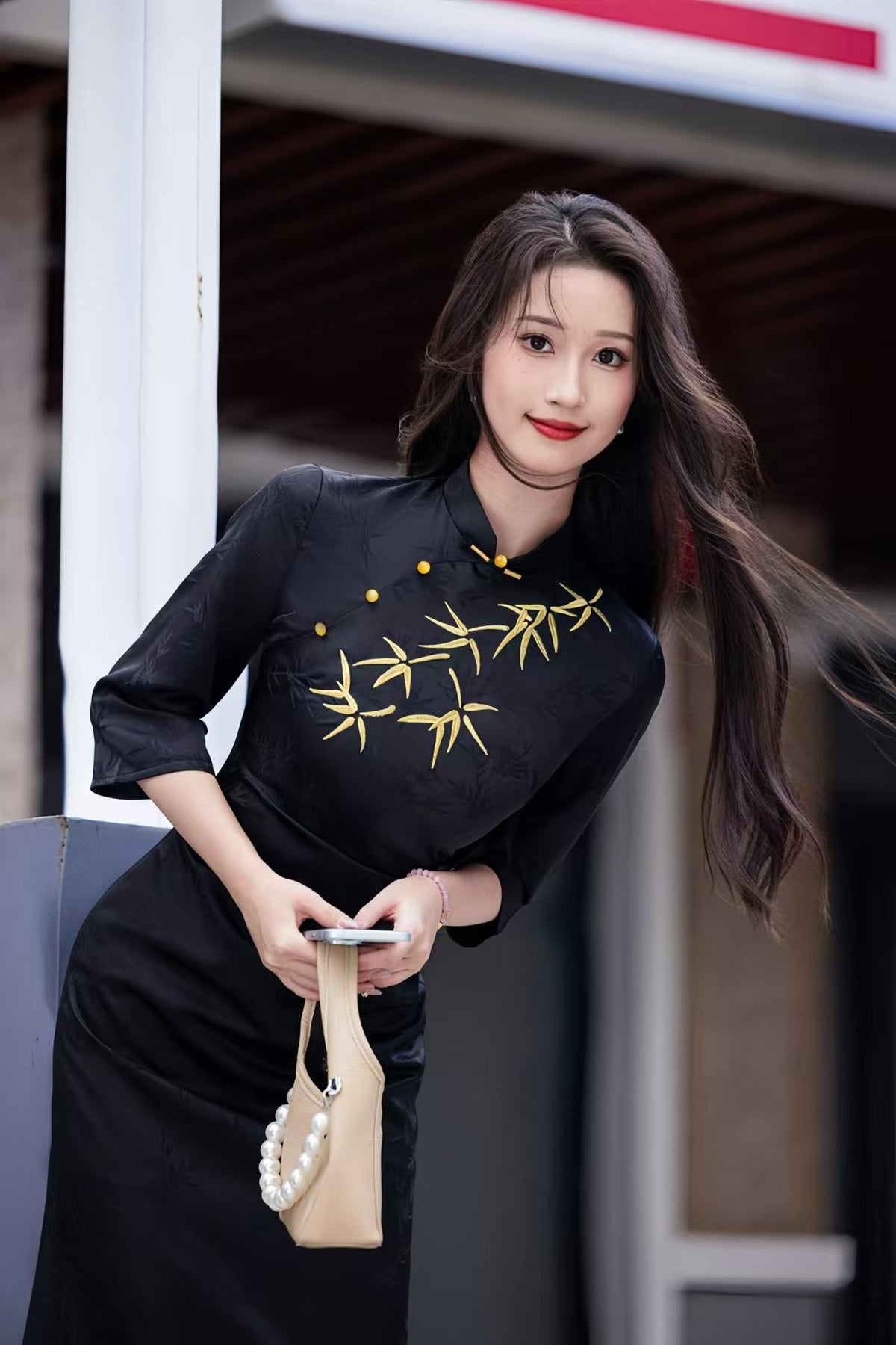 Women's Black Embroidered Qipao Cheongsam Dress – Satin Midi – additional product view