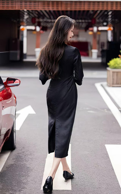 Women's Black Embroidered Qipao Cheongsam Dress – Satin Midi – additional product view