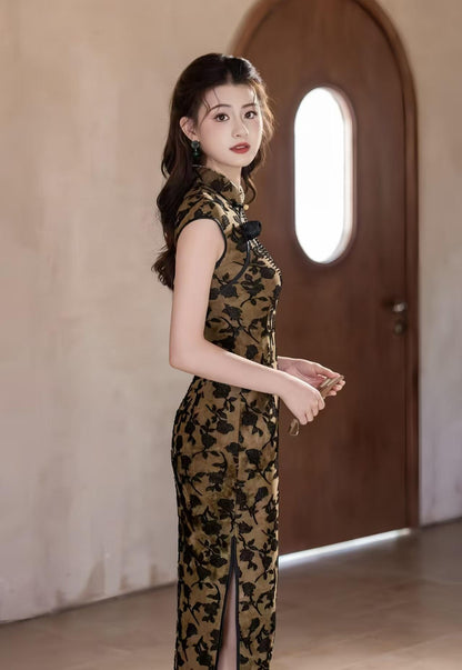 Women's Vintage Velvet Qipao Cheongsam Dress – Embossed Maxi Fall Winter – additional product view