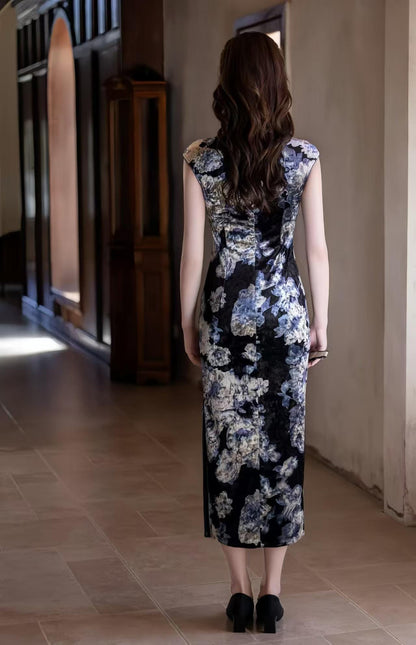 Women's Blue Floral Velvet Qipao Cheongsam Dress – additional product view