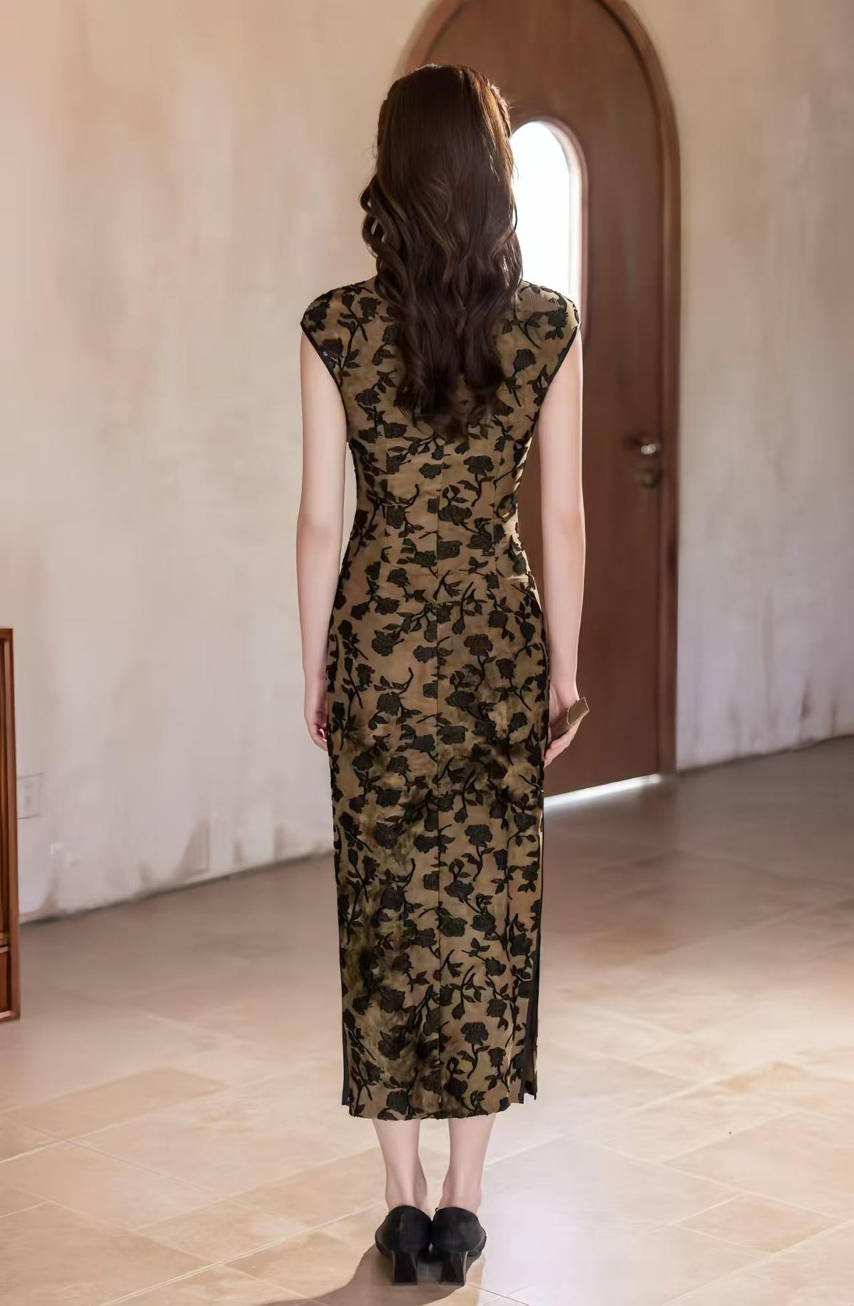 Women's Vintage Velvet Qipao Cheongsam Dress – Embossed Maxi Fall Winter – additional product view