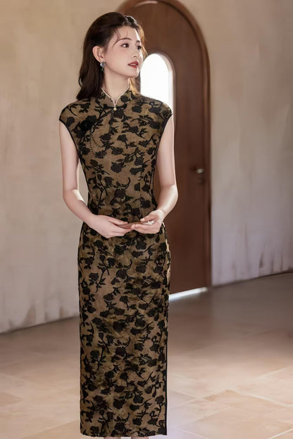 Women's Vintage Velvet Qipao Cheongsam Dress – Embossed Maxi Fall Winter – additional product view