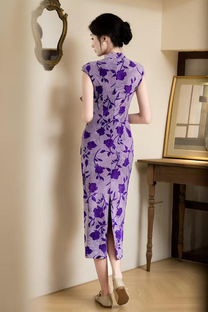 Women's Floral Qipao Cheongsam Dress – Purple Midi – additional product view
