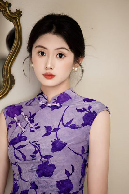 Women's Floral Qipao Cheongsam Dress – Purple Midi – additional product view