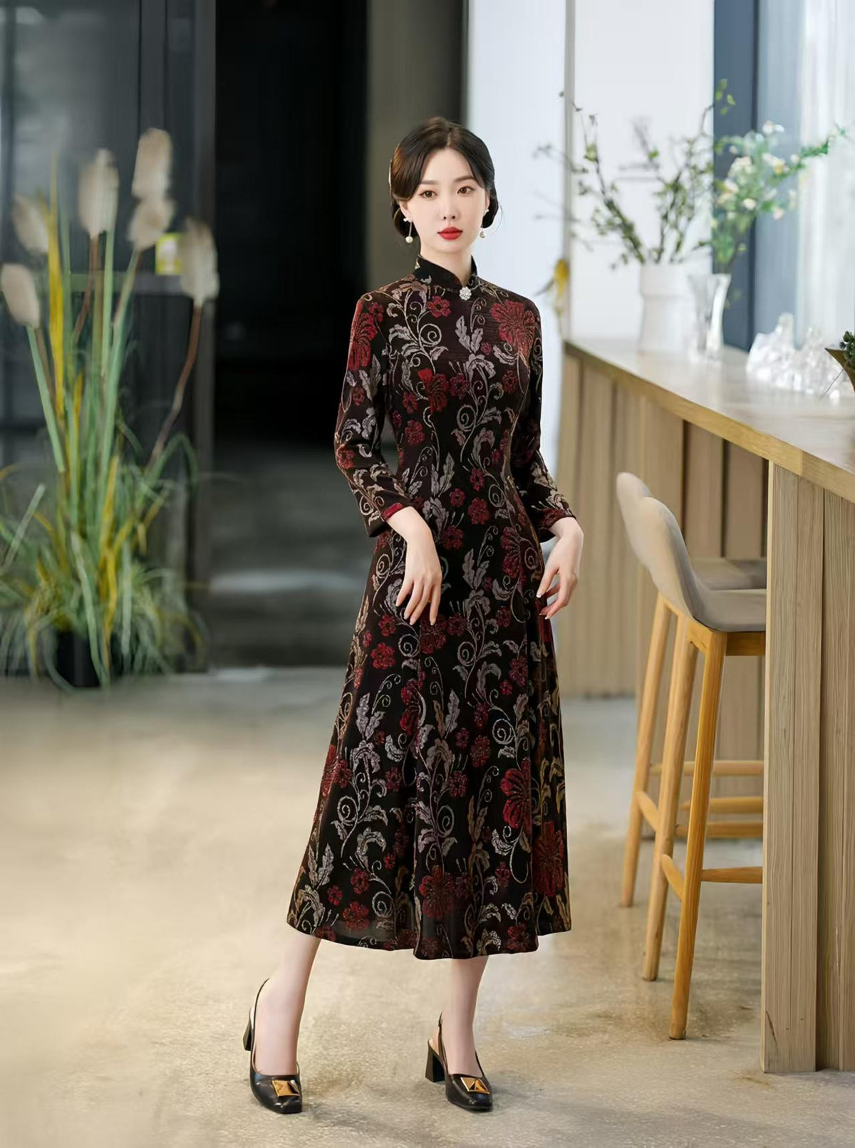 Women's Floral Silk Qipao Cheongsam Dress – additional product view