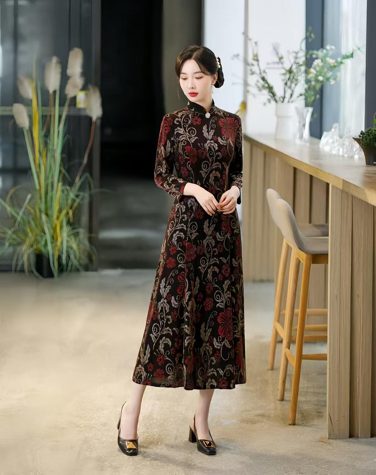 Women's Floral Silk Qipao Cheongsam Dress – additional product view