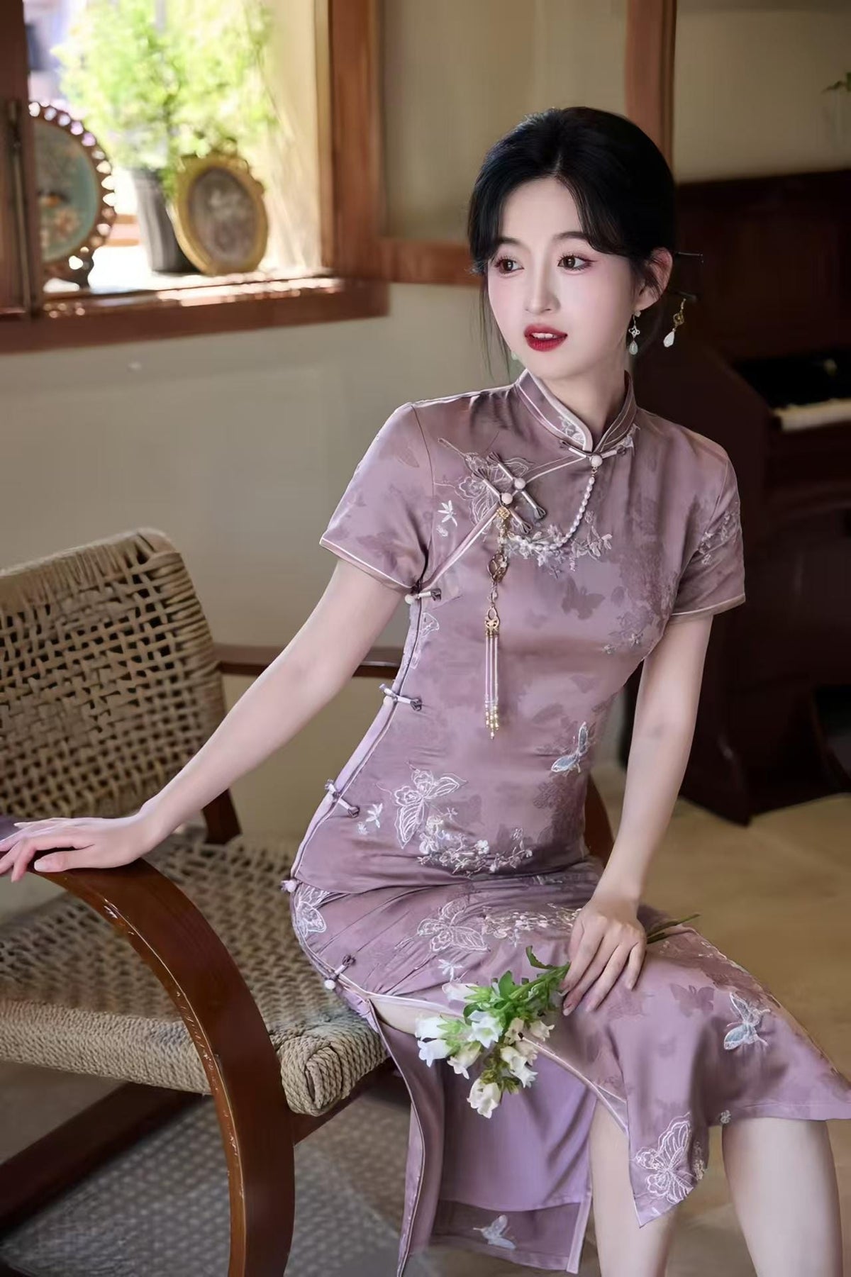 Women's Floral Qipao Cheongsam Dress – Jacquard Maxi – additional product view