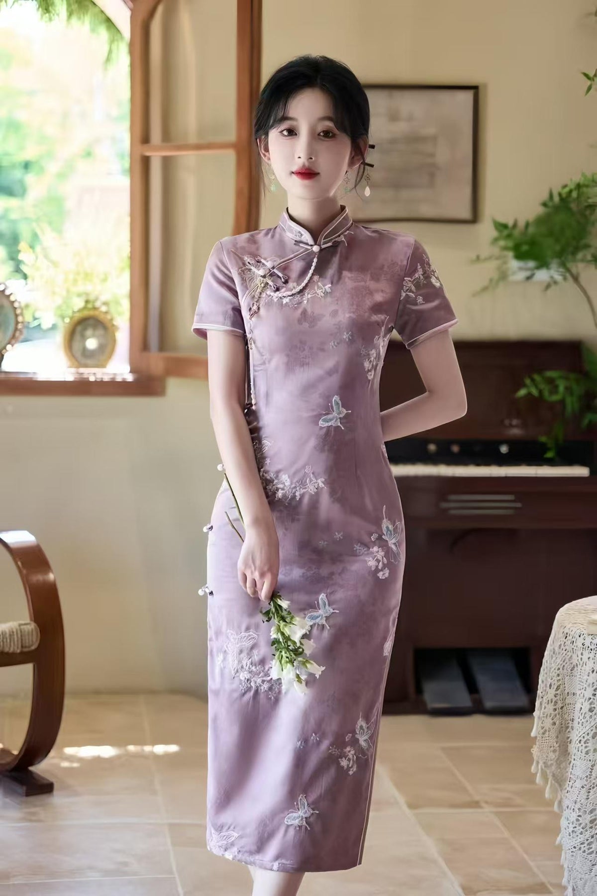 Women's Floral Qipao Cheongsam Dress – Jacquard Maxi – additional product view