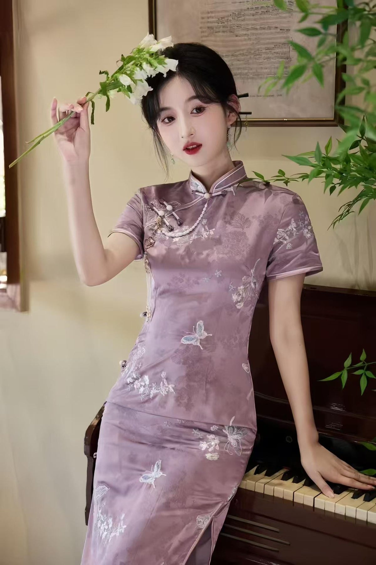 Women's Floral Qipao Cheongsam Dress – Jacquard Maxi – additional product view