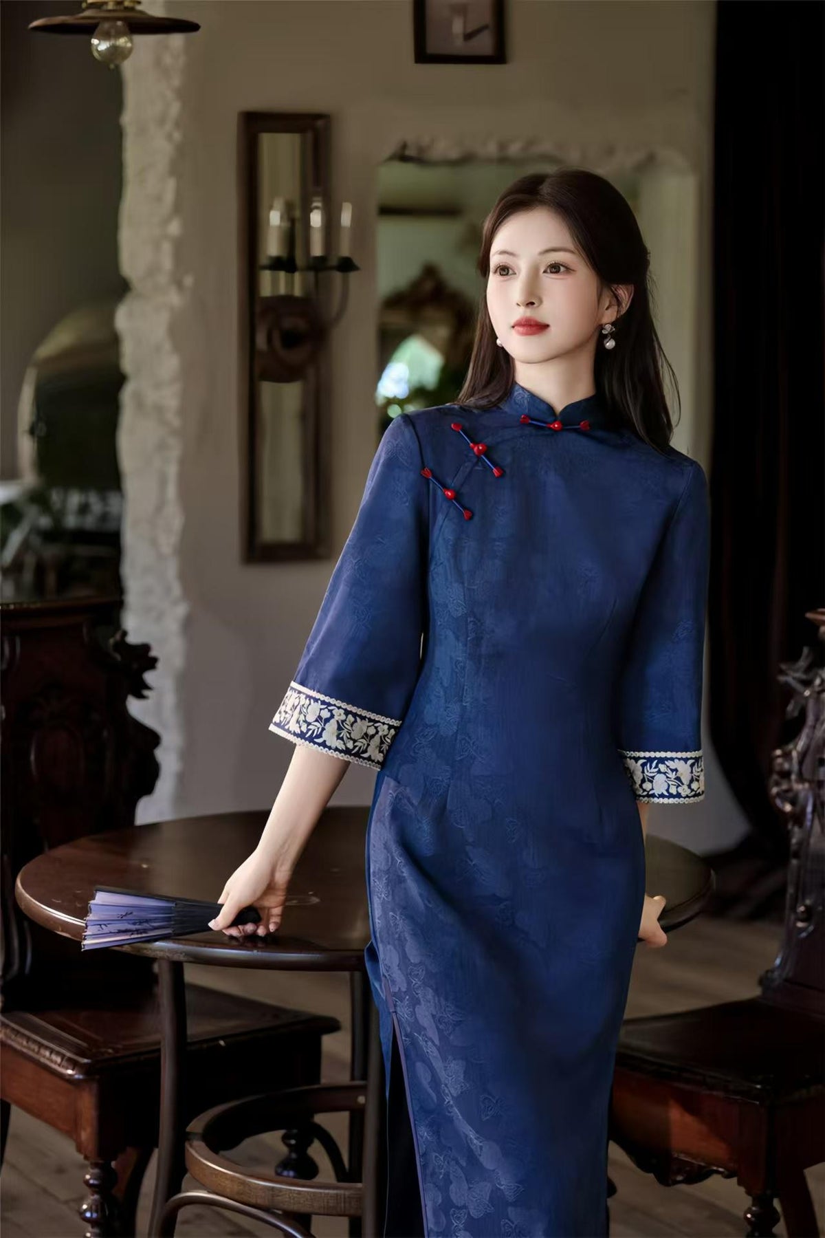 Women's Embroidered Qipao Cheongsam Dress – Jacquard Mandarin Collar – additional product view