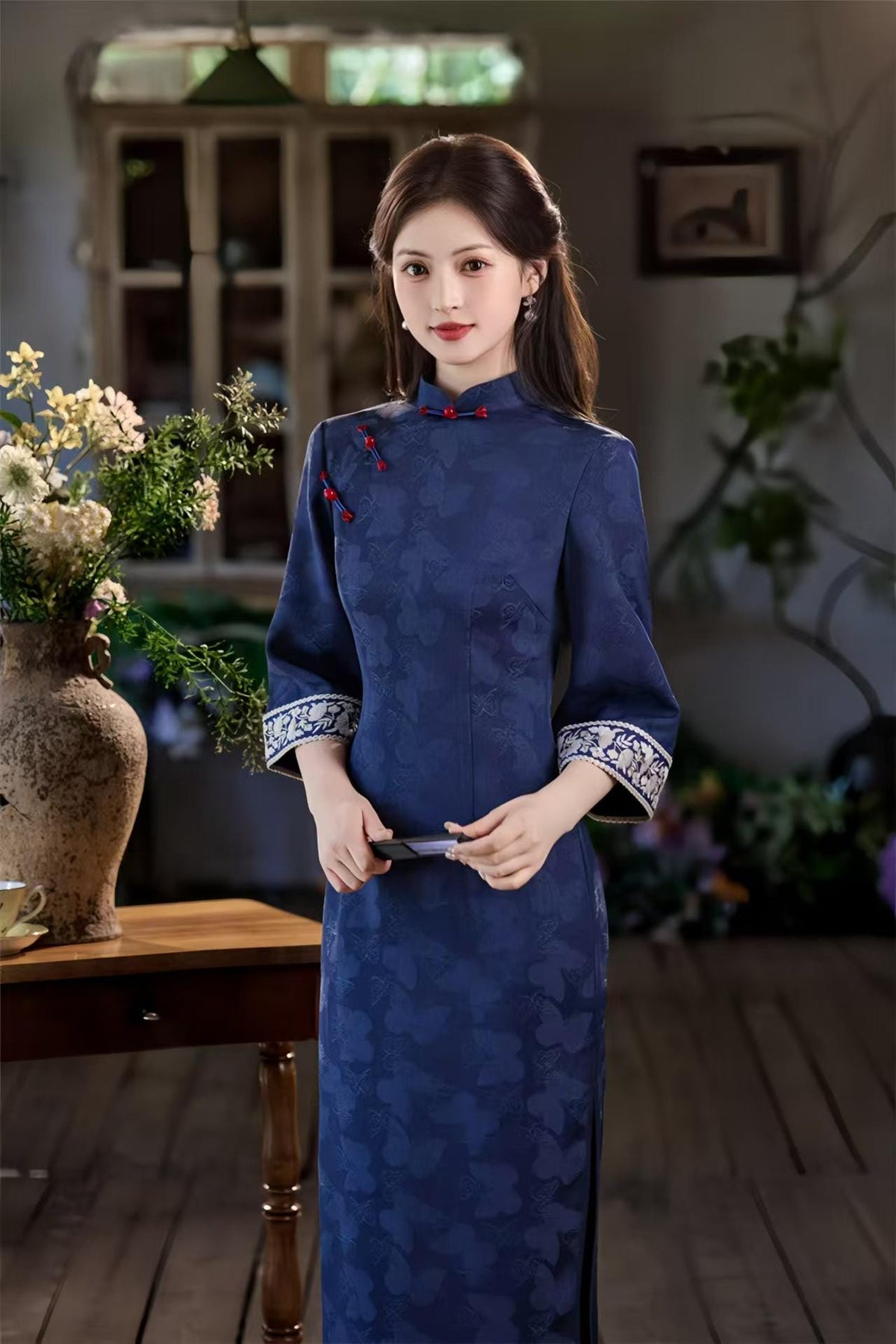 Women's Embroidered Qipao Cheongsam Dress – Jacquard Mandarin Collar – additional product view