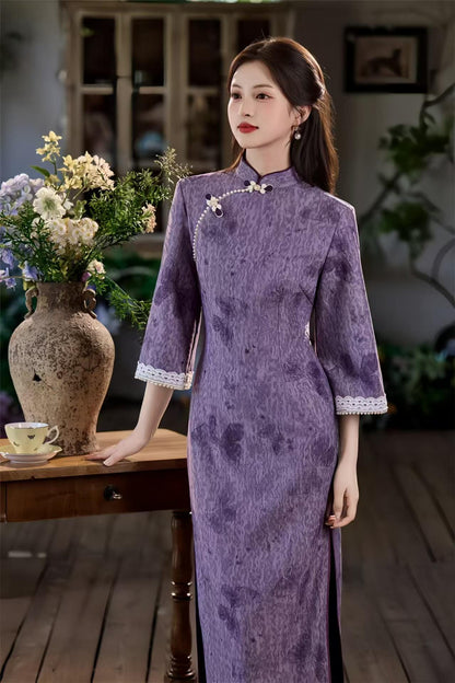 Women's Jacquard Qipao Cheongsam Dress – Purple Maxi Mandarin Collar – additional product view
