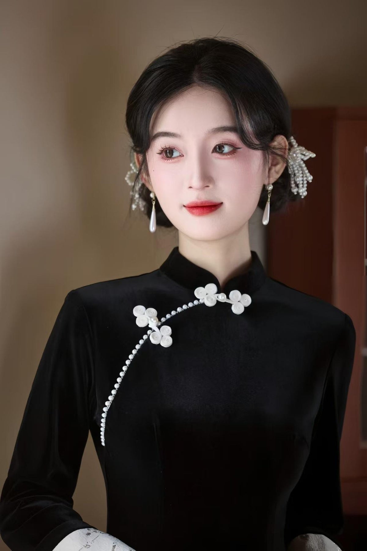 Women's Blue Vintage Velvet Qipao Cheongsam Dress – Butterfly – additional product view